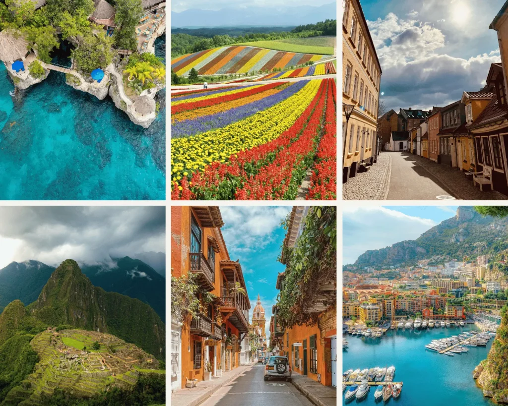 A photo collage showcasing six stunning travel destinations: a tropical overwater bungalow on crystal-clear blue waters, a vibrant flower field with colorful rows, a charming European street with historic buildings, the ancient ruins of Machu Picchu nestled in the Andes, a colonial street lined with colorful buildings, and a picturesque harbor surrounded by coastal cliffs and yachts.
