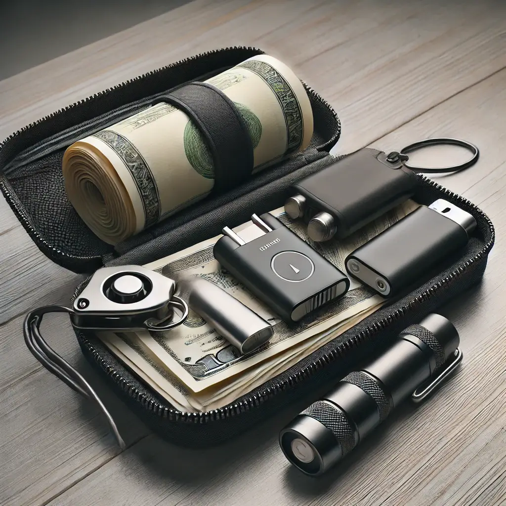 A compact emergency kit laid out on a table, including rolled-up cash, a flashlight, a portable charger, a whistle, and other small survival tools, all neatly organized in a zippered case.