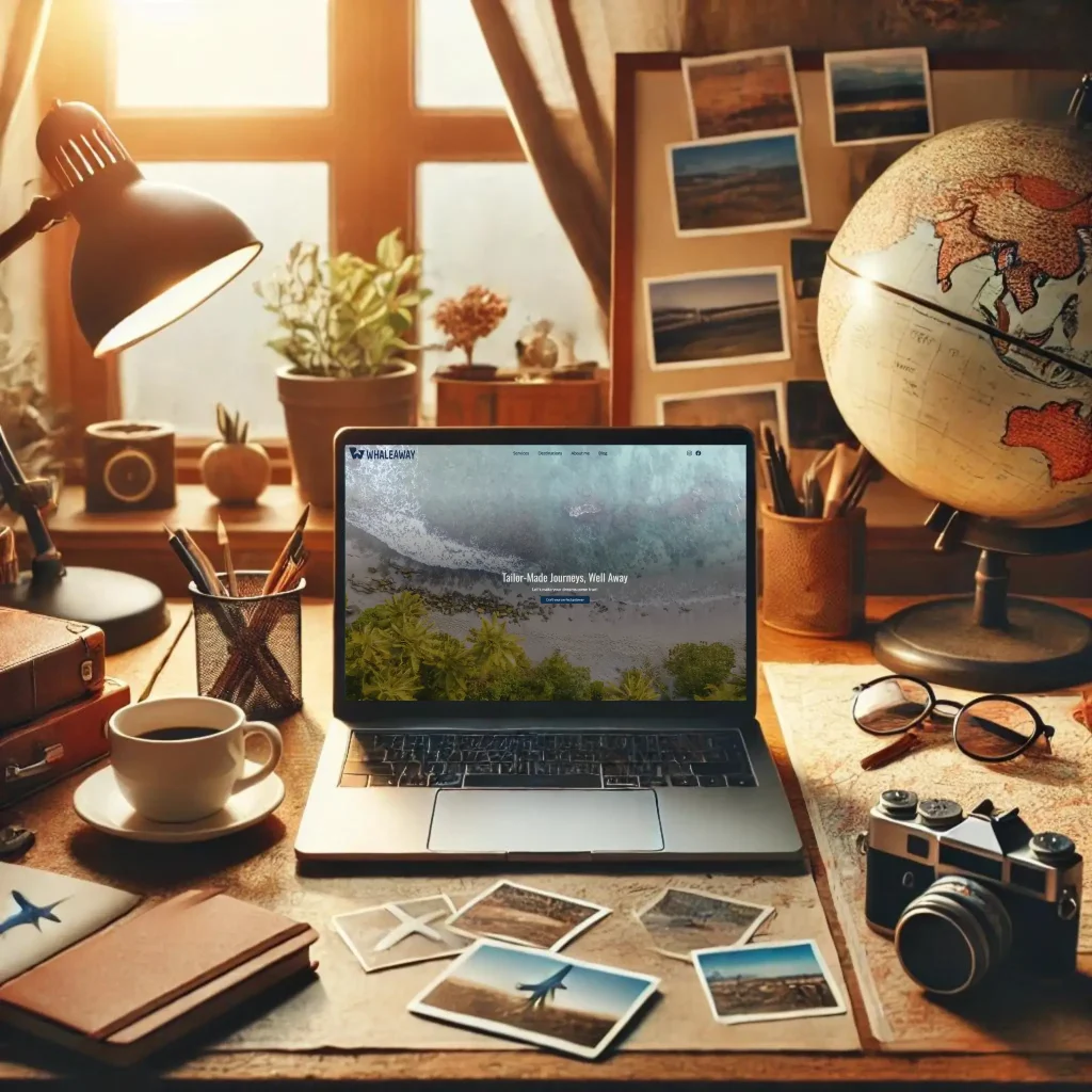 A cozy, travel-themed workspace featuring a laptop displaying the WHALEAWAY website, surrounded by travel photos, a globe, a camera, and a cup of coffee. The scene is warmly lit, evoking a sense of adventure and creativity.