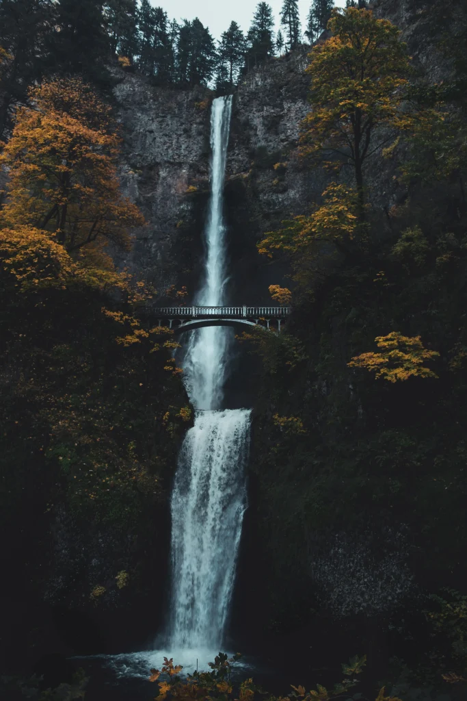 A stunning waterfall cascades down two tiers in the Columbia River Gorge, with a picturesque bridge crossing between the upper and lower falls. The surrounding trees are tinged with autumn colors, adding to the majestic, peaceful beauty of the scene.