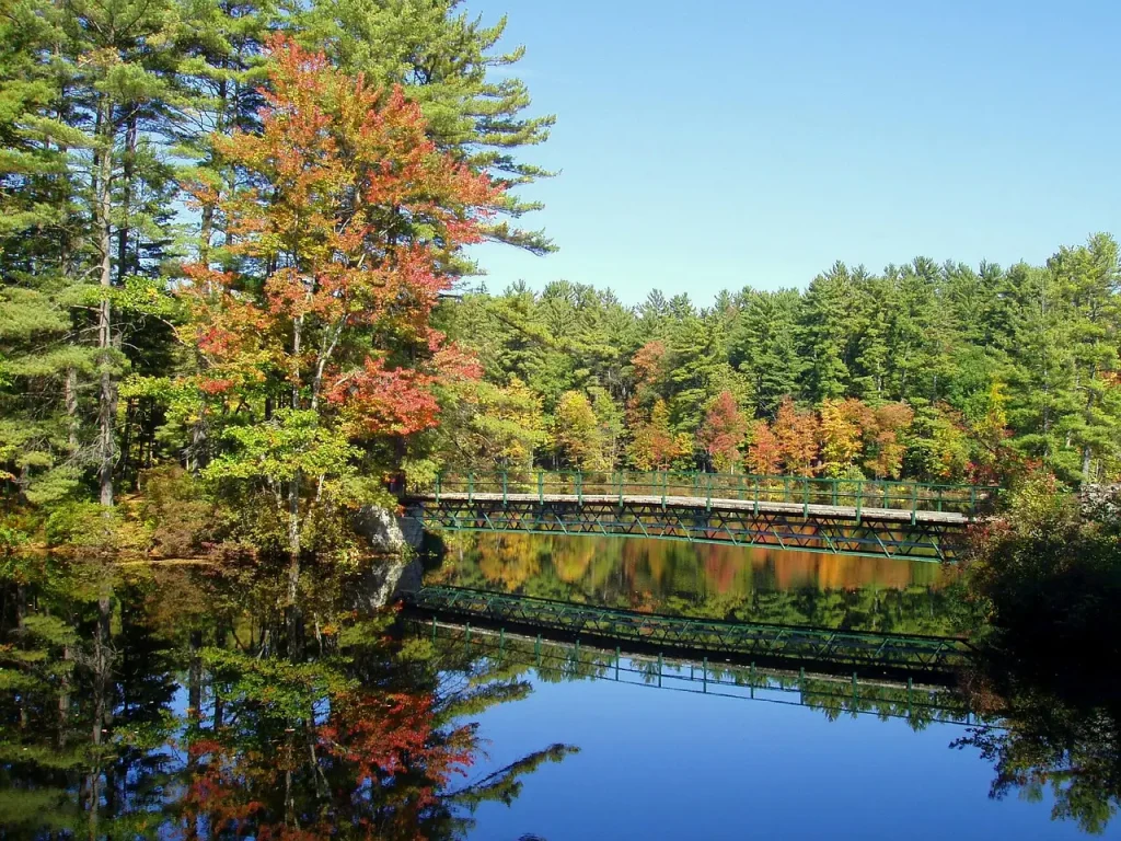A peaceful scene in the White Mountains of New Hampshire, where a footbridge stretches across a calm, reflective pond. Surrounding trees showcase early autumn colors, with shades of red, orange, and green mirrored perfectly in the water below.