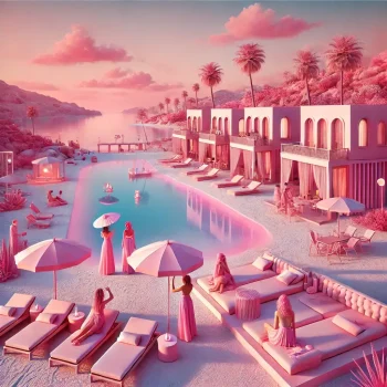 A dreamy coastal resort inspired by Barbiecore, featuring pink sand beaches, pastel-colored buildings, and a serene pool area. The vibrant scene captures the essence of the Barbiecore trend, offering a whimsical and luxurious travel destination.