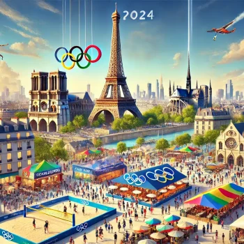 A vibrant and dynamic illustration of Paris featuring iconic landmarks like the Eiffel Tower and Notre-Dame, integrated with elements representing the 2024 Summer Olympics. The scene includes Olympic rings, sports events, and crowds of people, capturing the festive atmosphere of the upcoming games.