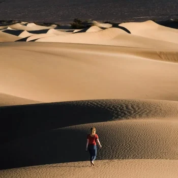 A lone traveler walks barefoot across vast, golden sand dunes under a warm, setting sun. The expansive desert landscape creates a dramatic and serene atmosphere, with shadows accentuating the undulating dunes.