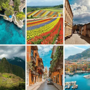 A photo collage showcasing six stunning travel destinations: a tropical overwater bungalow on crystal-clear blue waters, a vibrant flower field with colorful rows, a charming European street with historic buildings, the ancient ruins of Machu Picchu nestled in the Andes, a colonial street lined with colorful buildings, and a picturesque harbor surrounded by coastal cliffs and yachts.