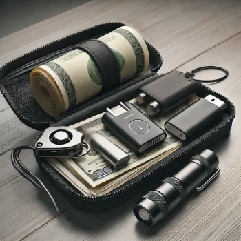 A compact emergency kit laid out on a table, including rolled-up cash, a flashlight, a portable charger, a whistle, and other small survival tools, all neatly organized in a zippered case.